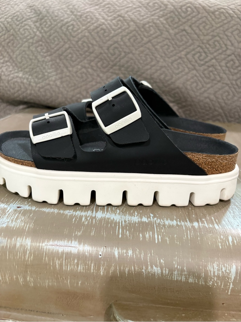 Birkenstock Papillio Black Sandals with White Buckles and Cream Platform - Picture 3 of 4